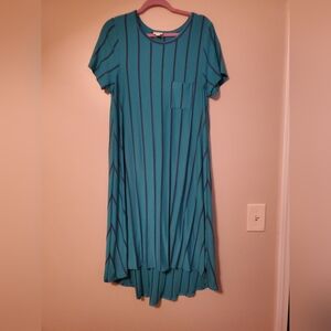 Lularoe Carly with pocket, Medium size, teal with blue stripes.